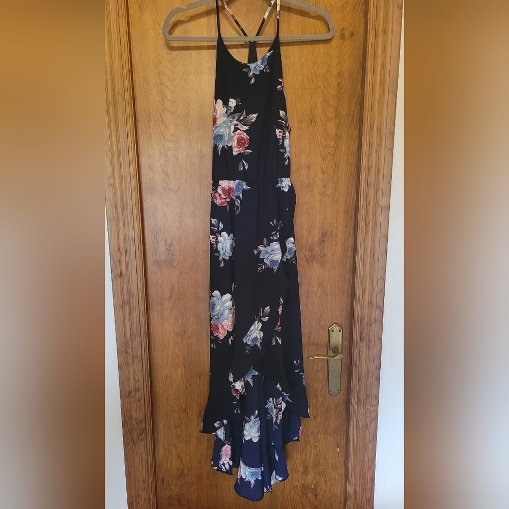 Floral Maxi Dress in Black with Red and Blue Accents